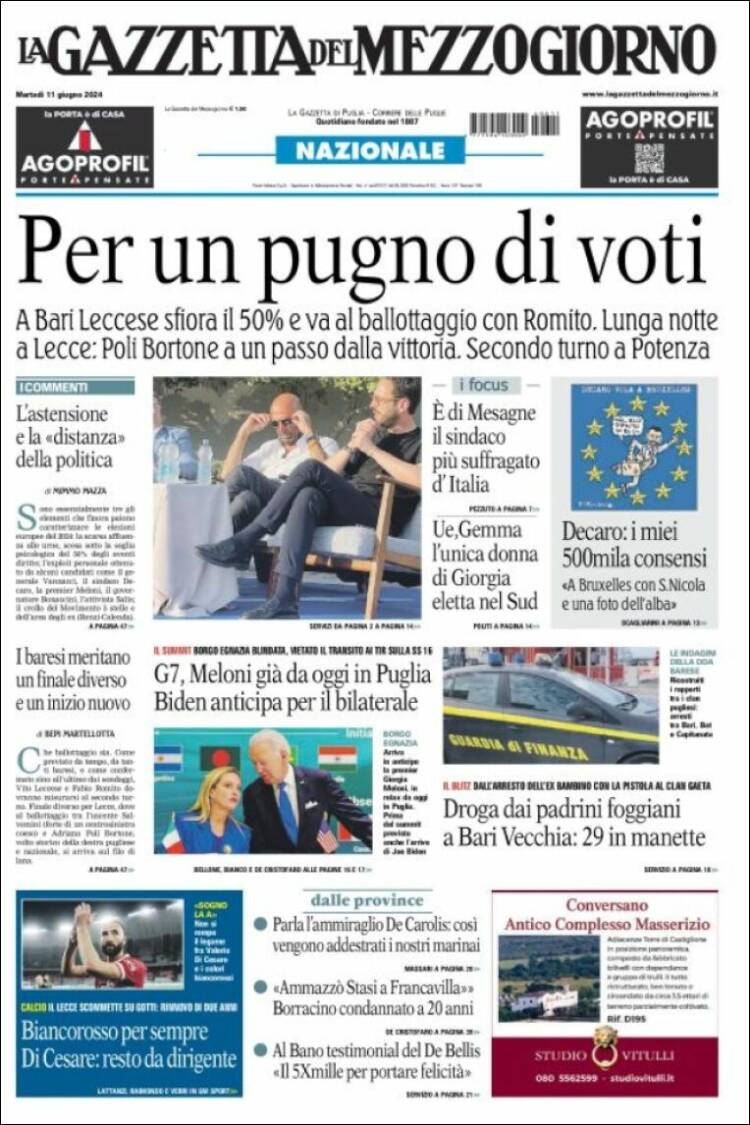 Portada de La Gazzetta del Mezzogiorno (Italia)