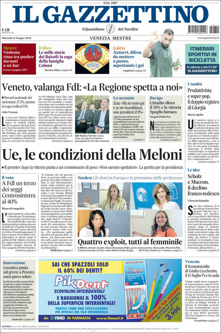 Portada de Il Gazzettino (Italia)