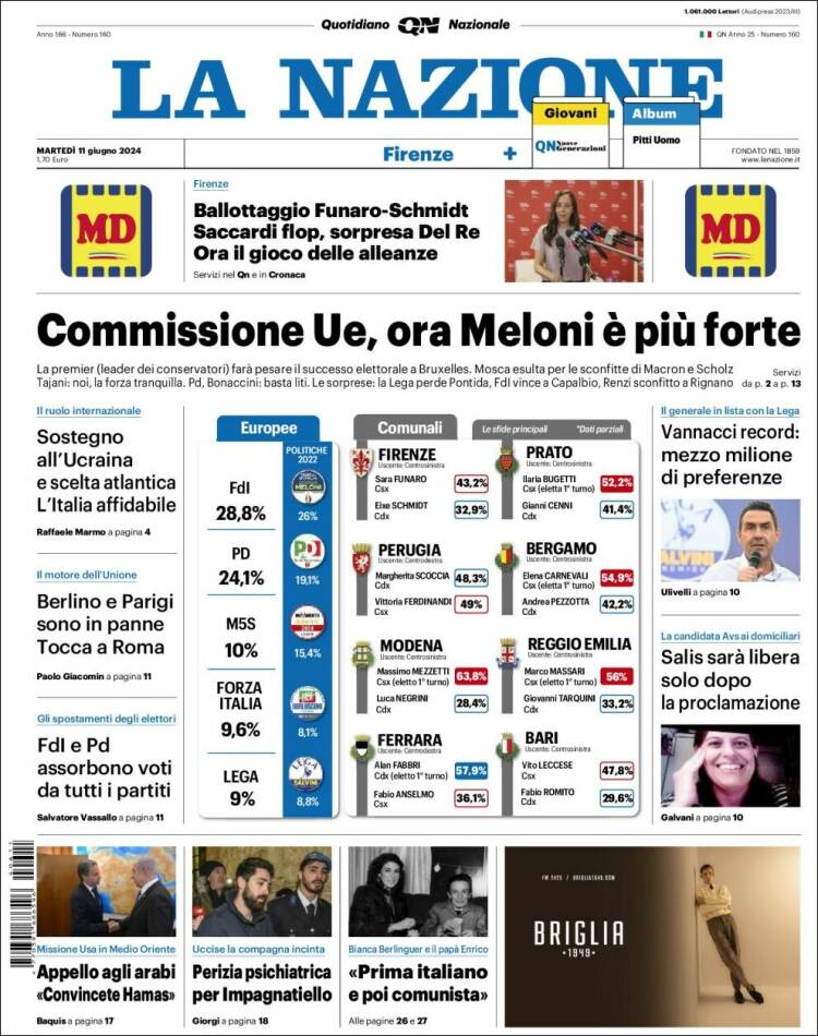 Portada de La Nazione (Italia)