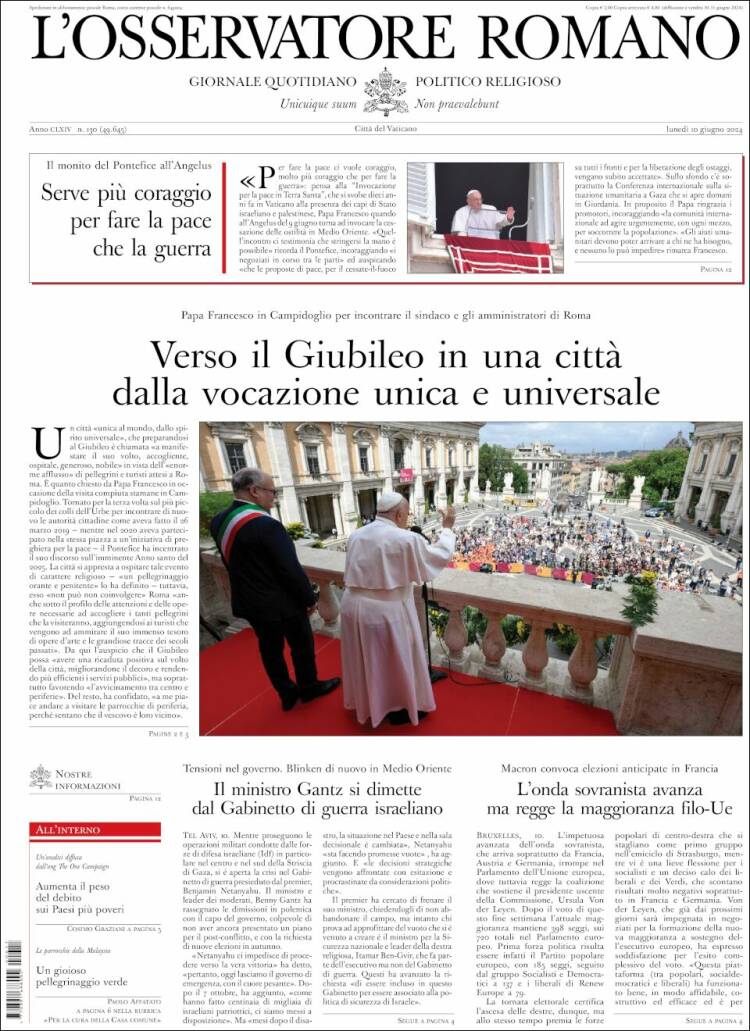 Portada de L'Osservatore Romano (Italia)