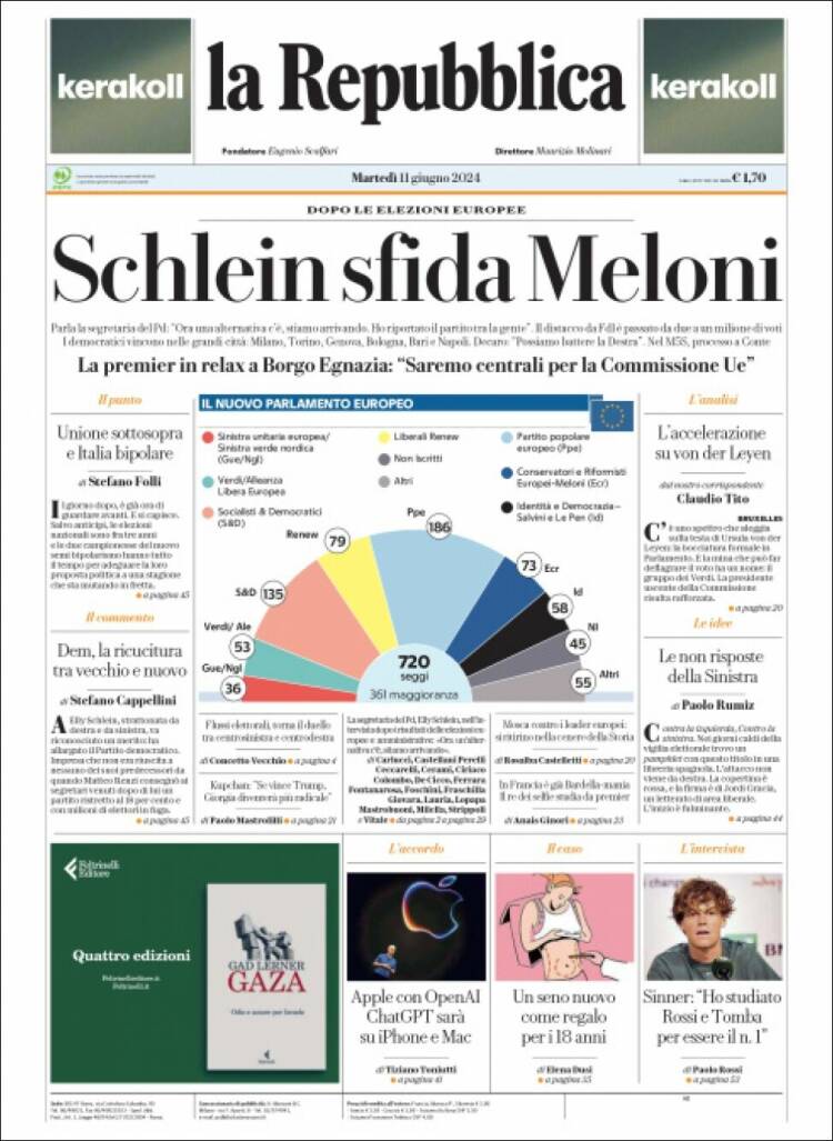 Portada de La Repubblica (Italia)
