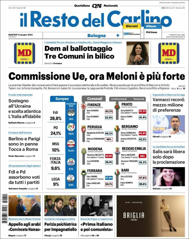 Portada de Il Resto del Carlino (Italia)