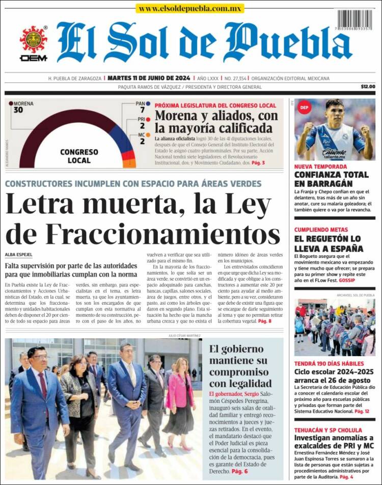 Portada de El Sol de Puebla (M&eacute;xico)