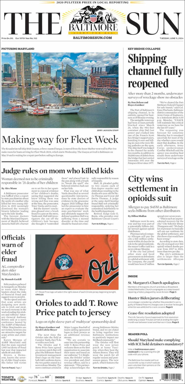 Portada de The Baltimore Sun (USA)