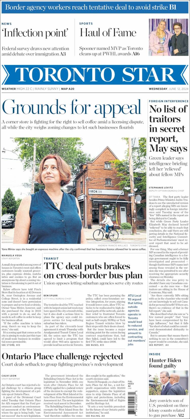Portada de The Toronto Star (Canadá)
