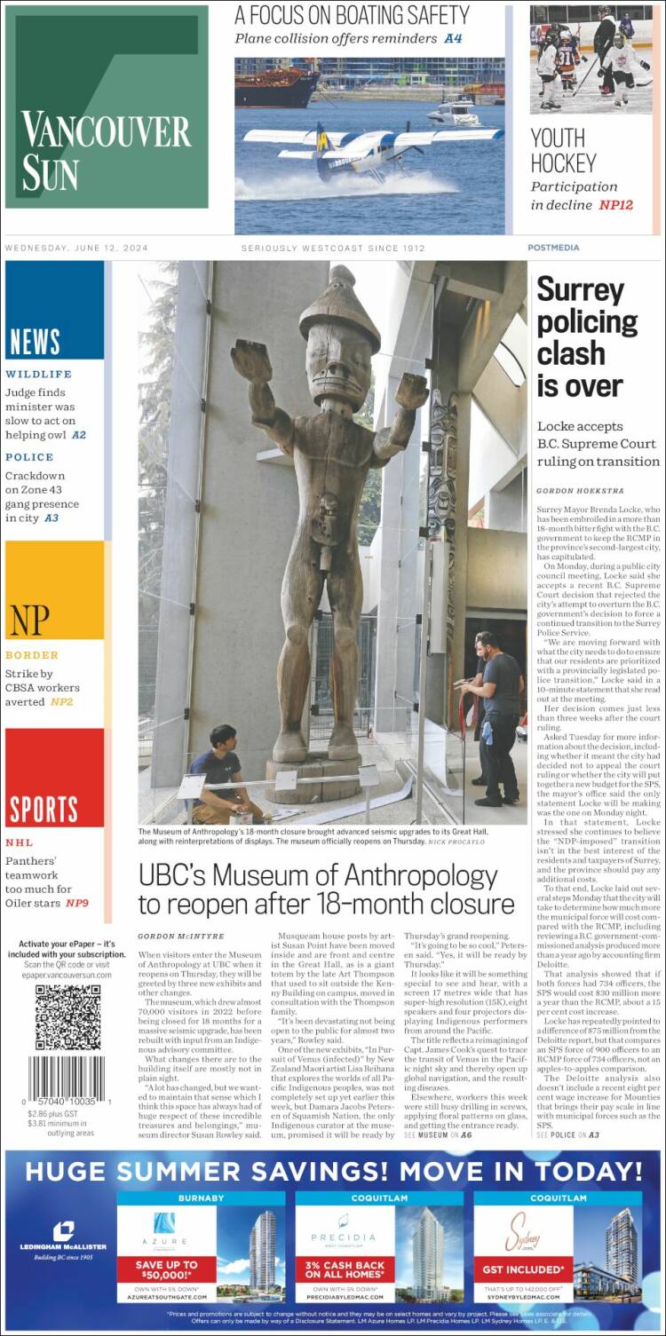Portada de The Vancouver Sun (Canadá)
