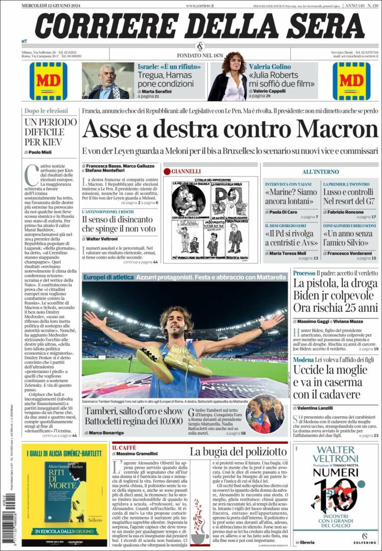 Portada de Corriere della Sera (Italia)