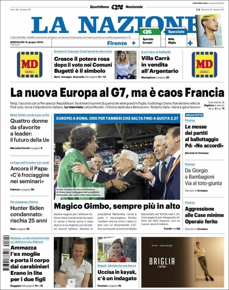 Portada de La Nazione (Italia)