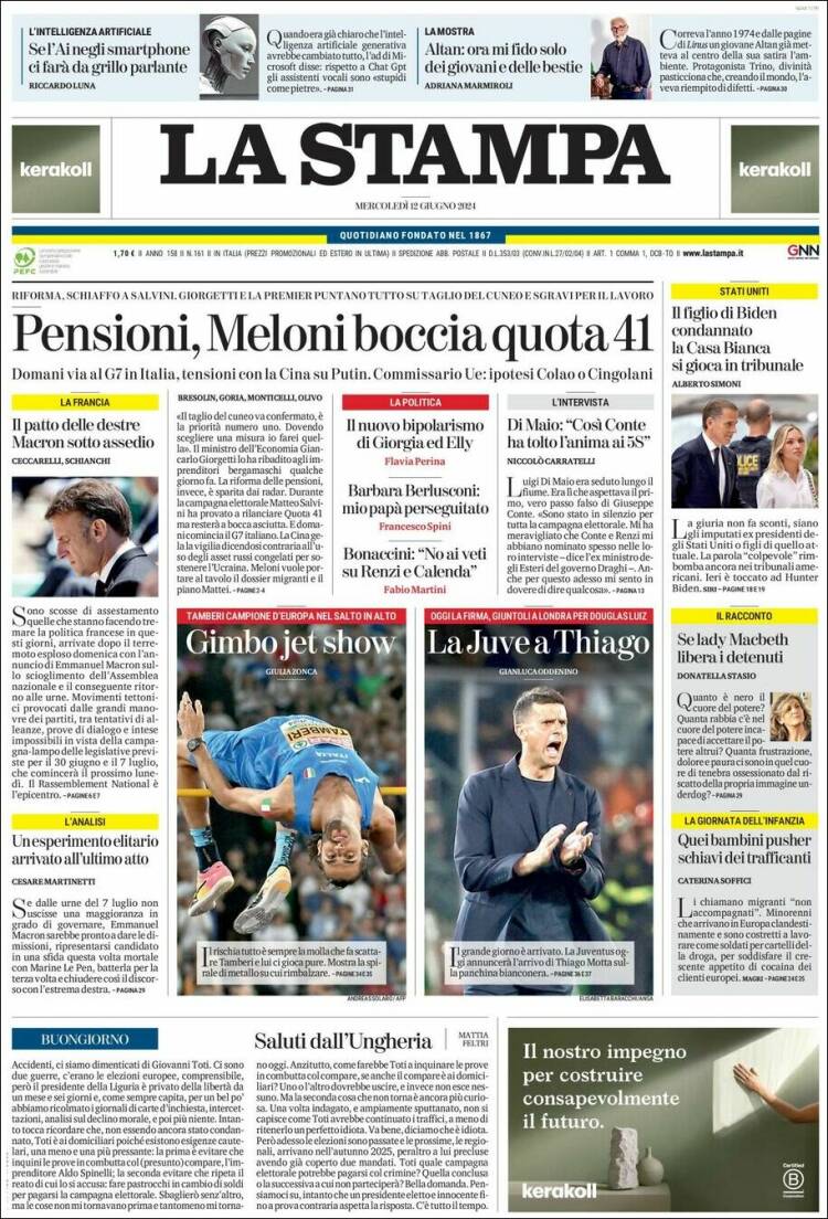 Portada de La Stampa (Italia)