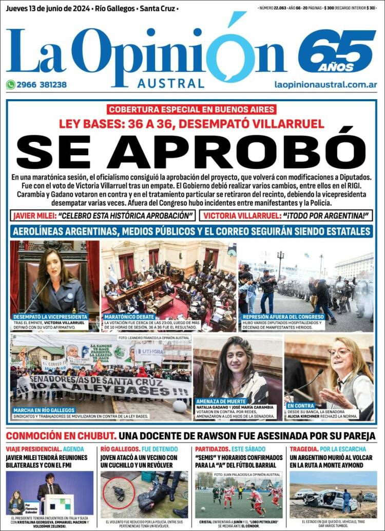 Portada de La Opinión Austral (Argentina)