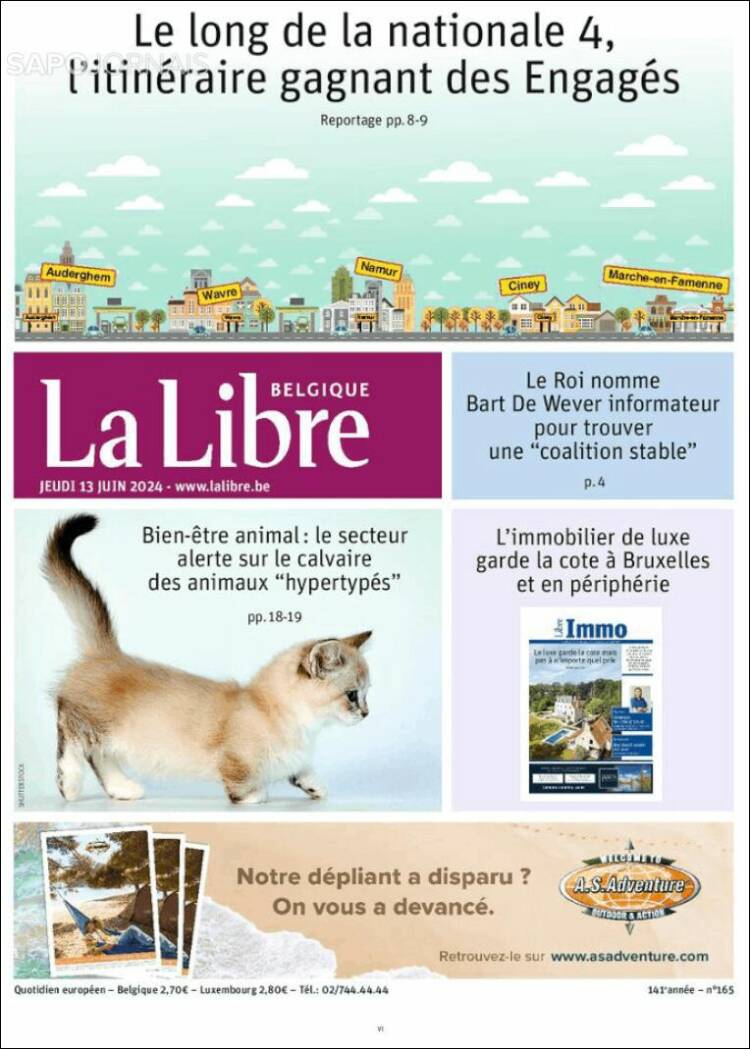 Portada de La Libre.be (B&eacute;lgica)