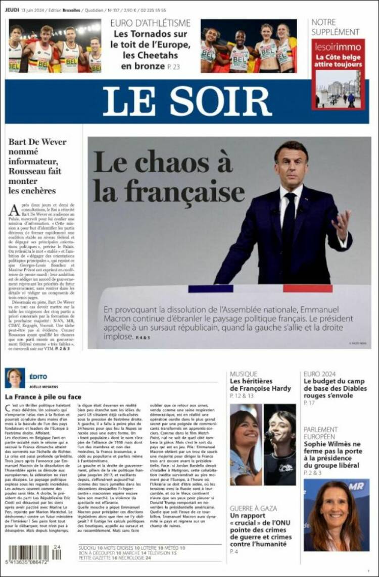 Portada de Le Soir (B&eacute;lgica)
