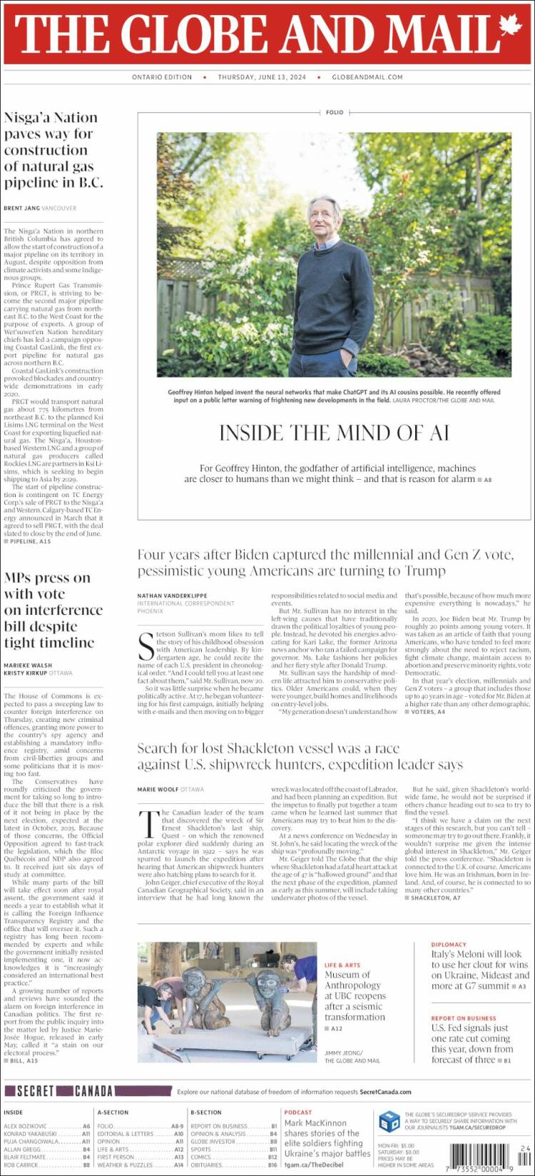 Portada de The Globe and Mail (Canadá)