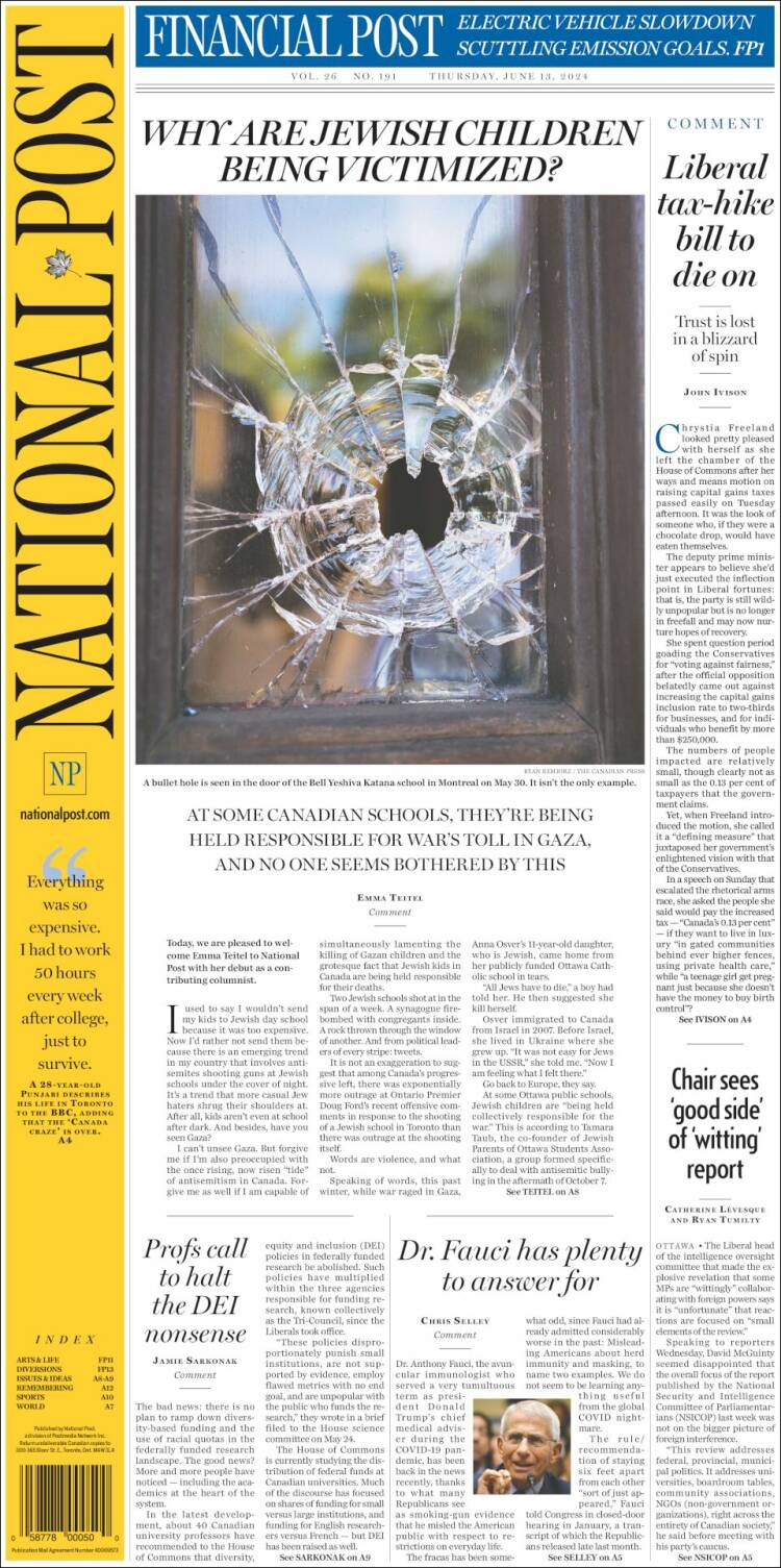 Portada de The National Post (Canadá)