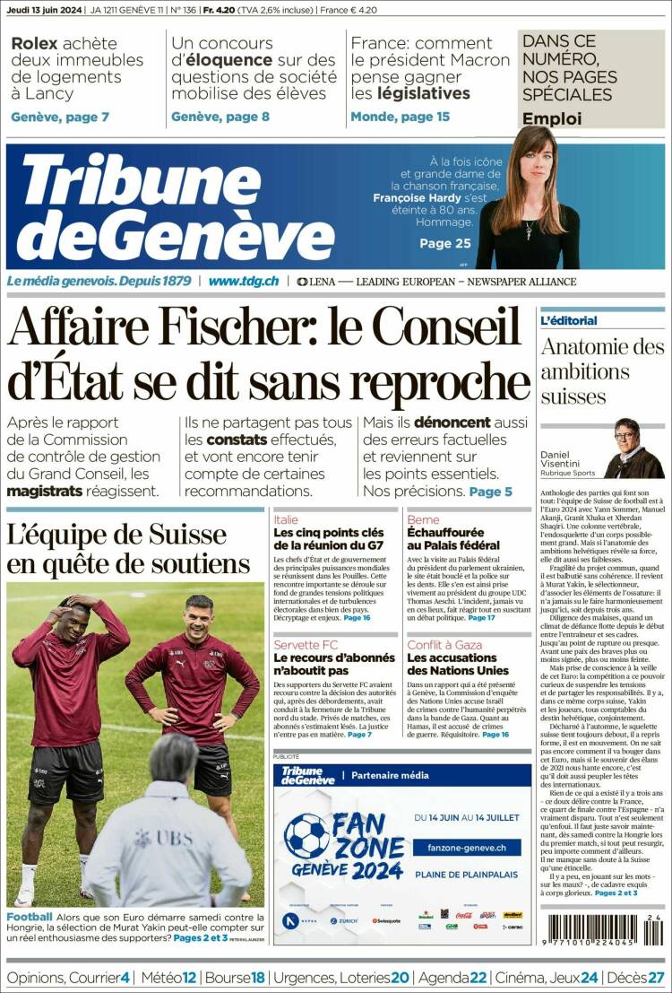 Portada de La Tribune de Genève (Suiza)