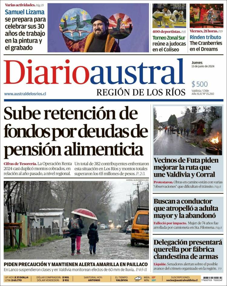 Portada de El Diario Austral de Valdivia (Chile)