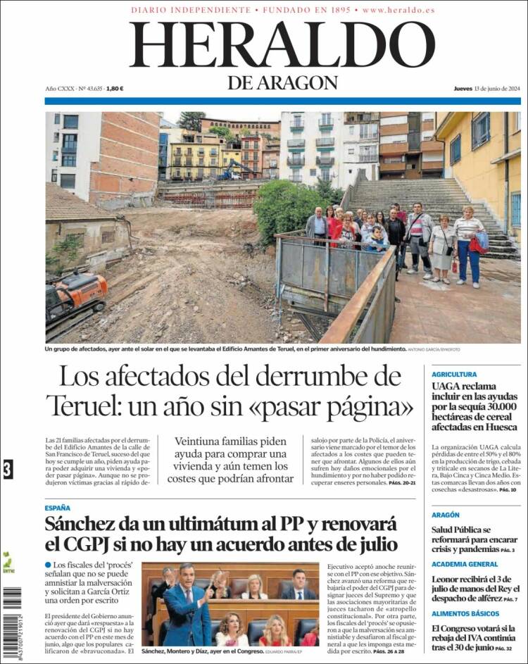 Portada de Heraldo de Aragón (España)
