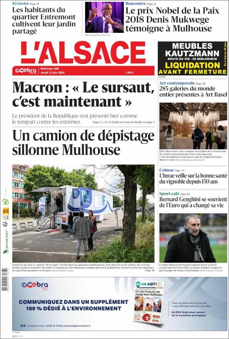 Portada de Journal L'Alsace (Francia)