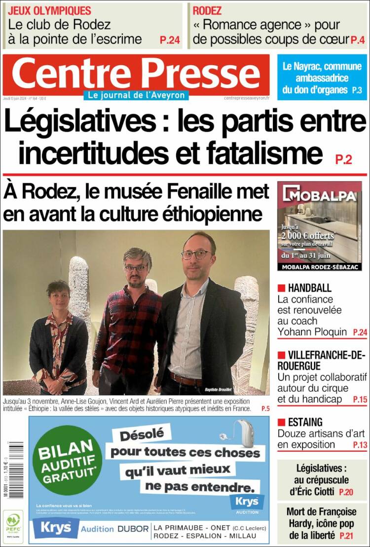 Portada de Centre Presse (Francia)