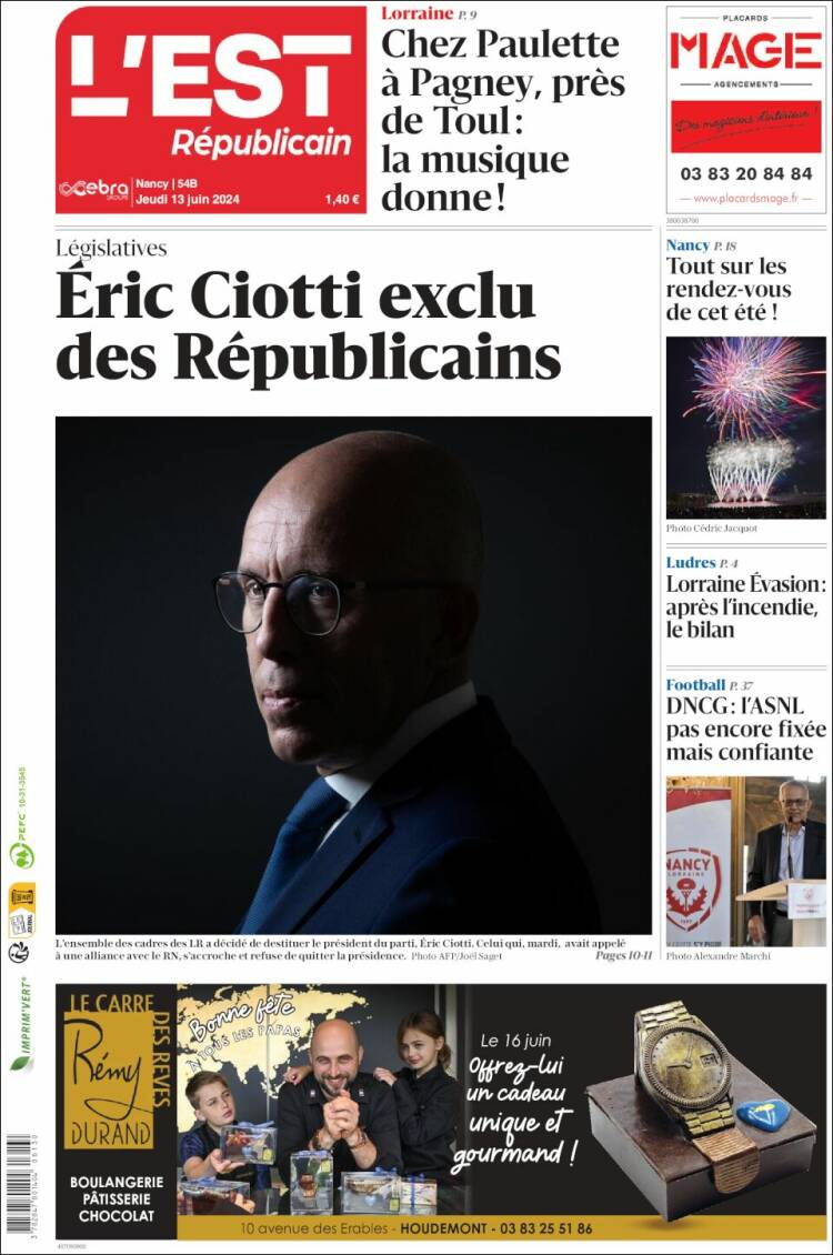 Portada de L'Est Republicain (Francia)