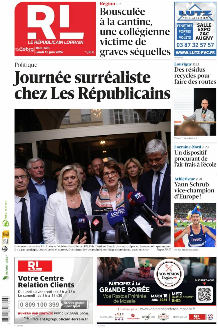 Portada de Le Republicain Lorrain (Francia)