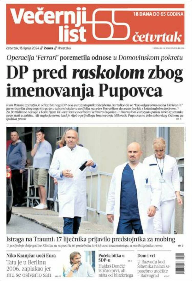 Portada de Večernji (Croacia)