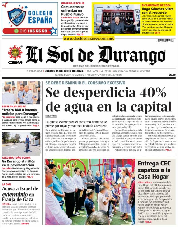 Portada de El Sol de Durango (M&eacute;xico)