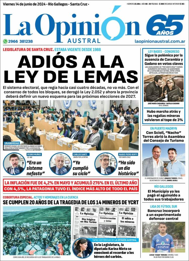 Portada de La Opinión Austral (Argentina)