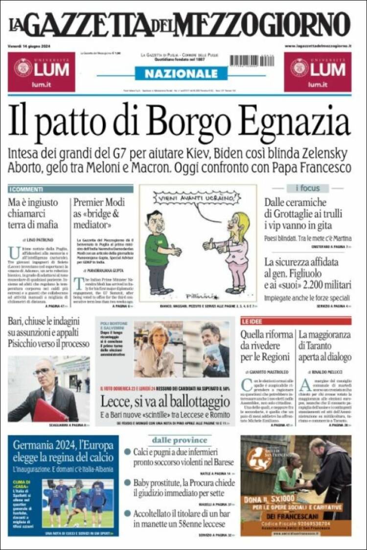 Portada de La Gazzetta del Mezzogiorno (Italia)