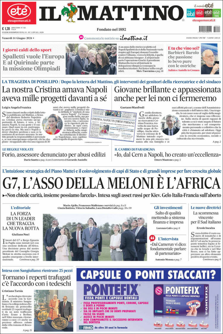 Portada de Il Mattino (Italia)