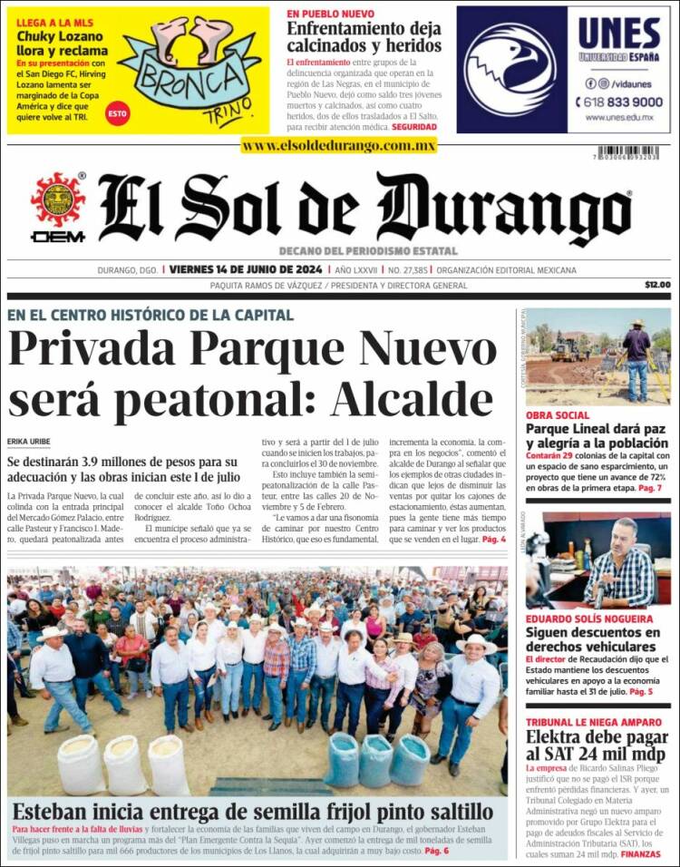 Portada de El Sol de Durango (M&eacute;xico)