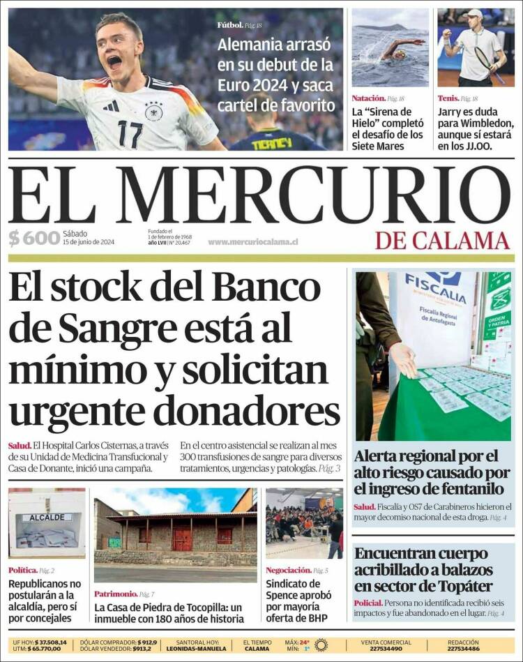 Portada de El Mercurio - Calama (Chile)