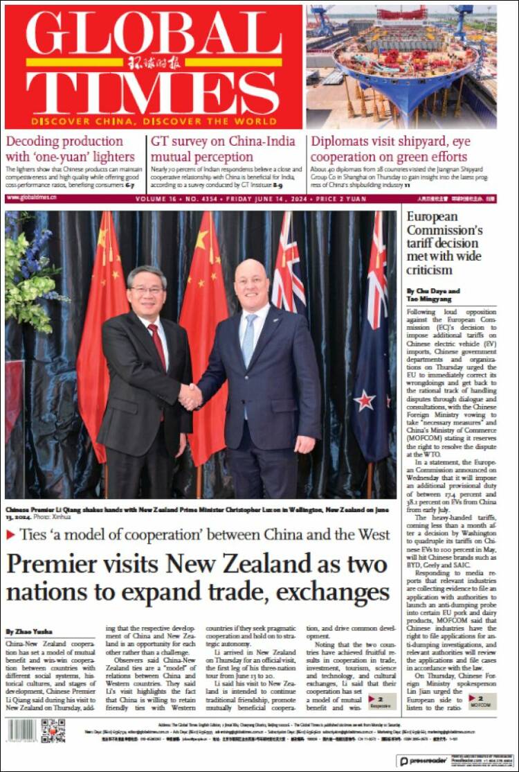 Portada de The Global Times (China)