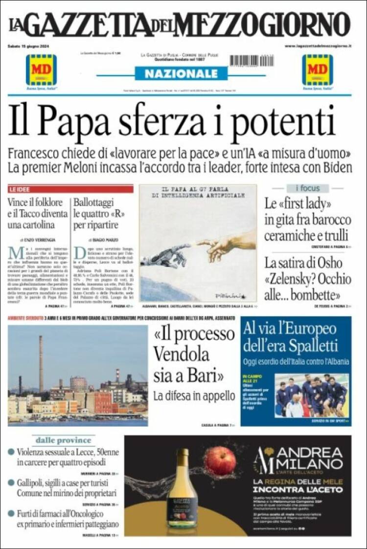 Portada de La Gazzetta del Mezzogiorno (Italia)