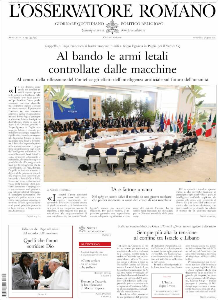 Portada de L'Osservatore Romano (Italia)