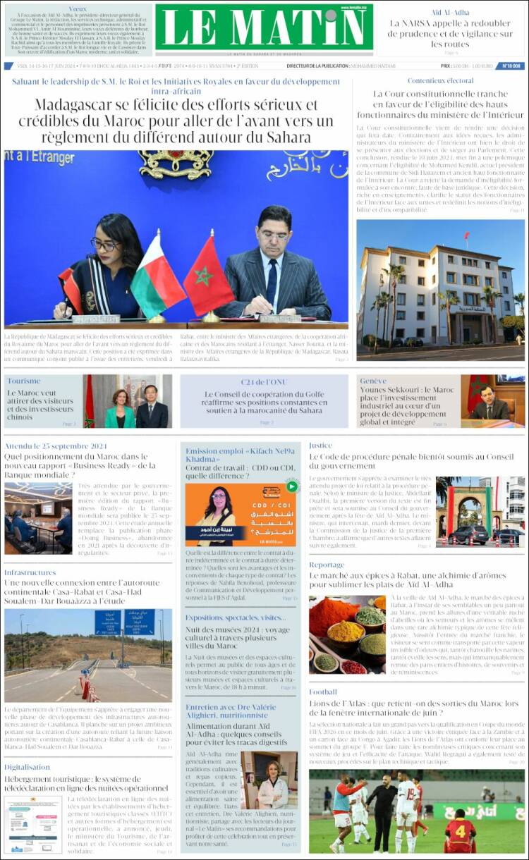 Portada de Le Matin (Marruecos)