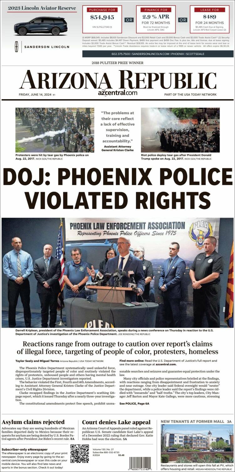 Portada de Arizona Republic News (USA)