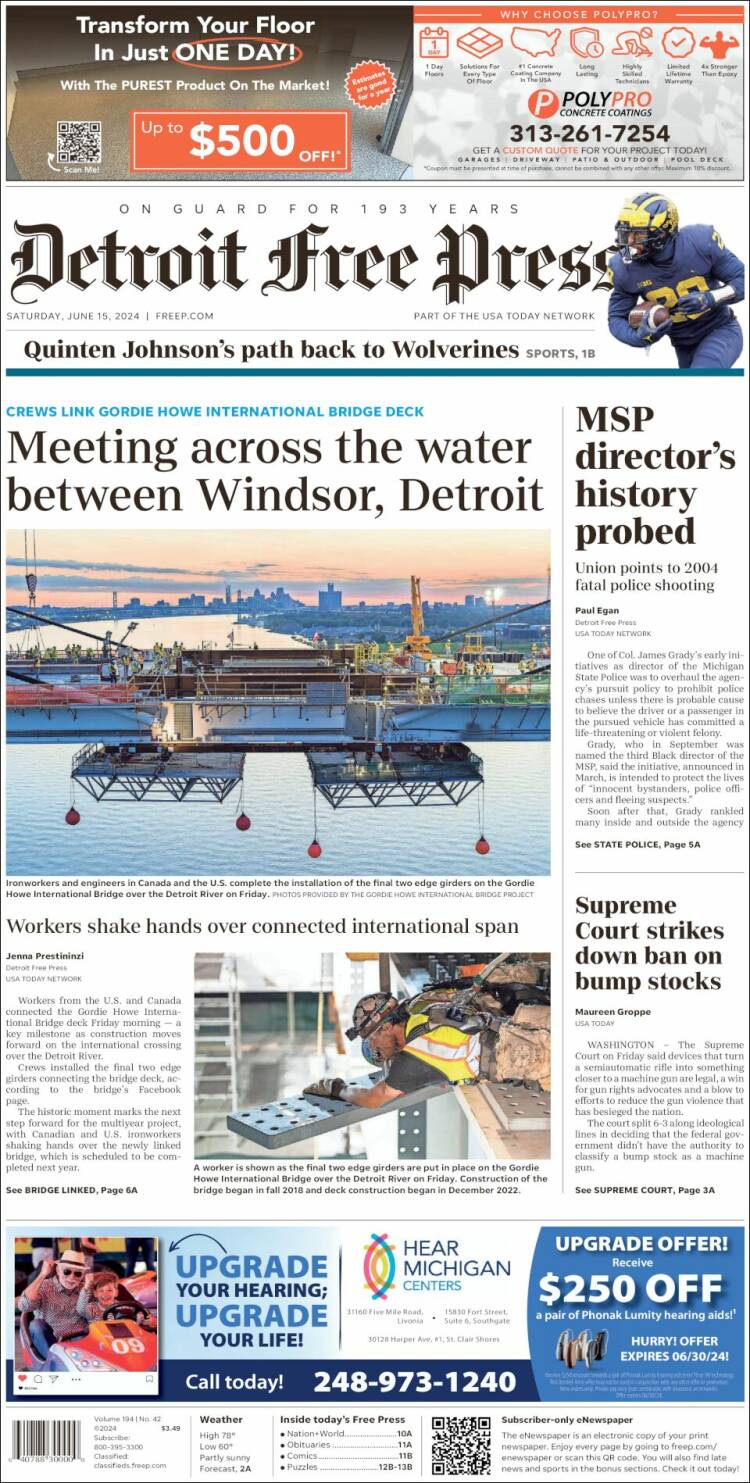 Portada de Detroit Free Press (USA)