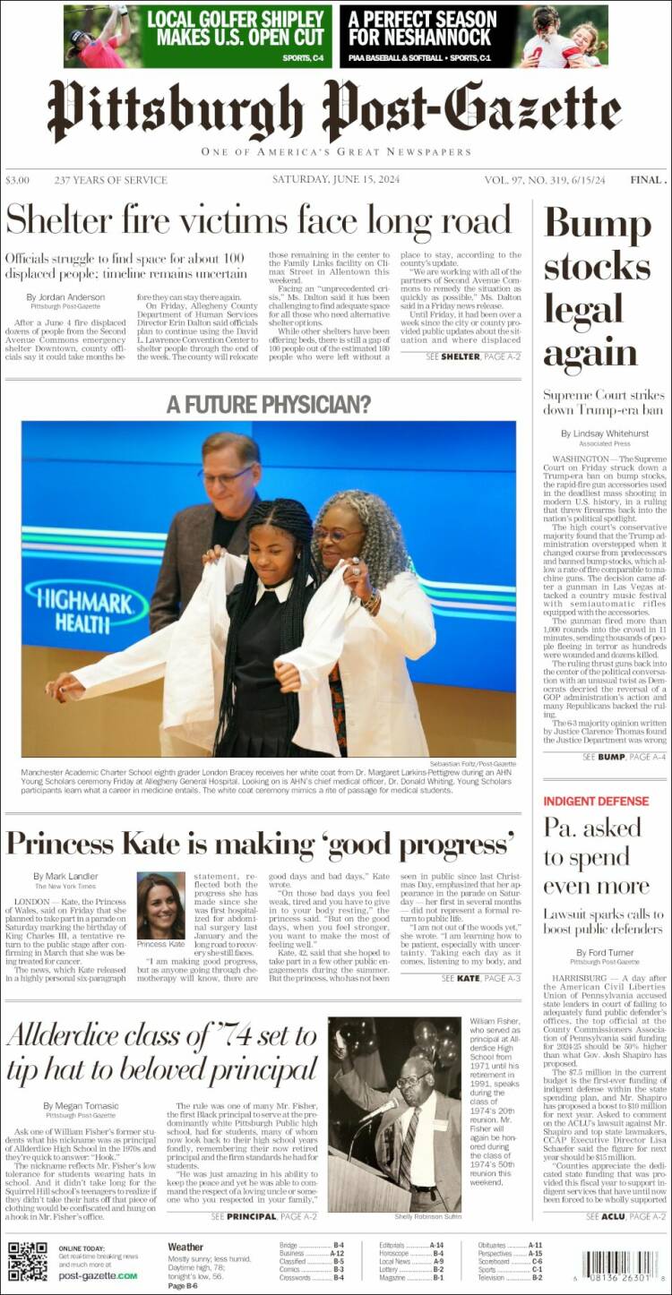 Portada de Pittsburgh Post-Gazette (USA)