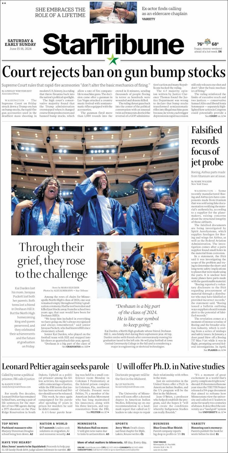 Portada de Star Tribune (USA)