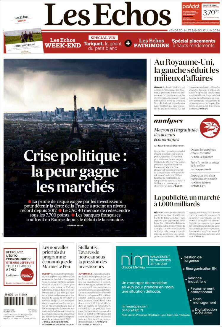 Portada de Les Echos (Francia)
