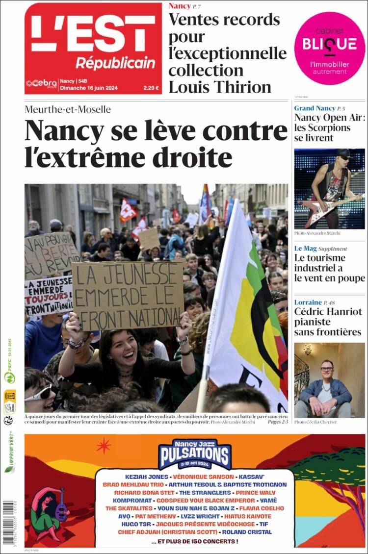 Portada de L'Est Republicain (Francia)