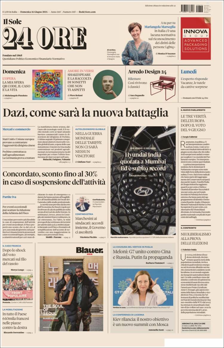 Portada de Il Sole 24 ORE (Italia)
