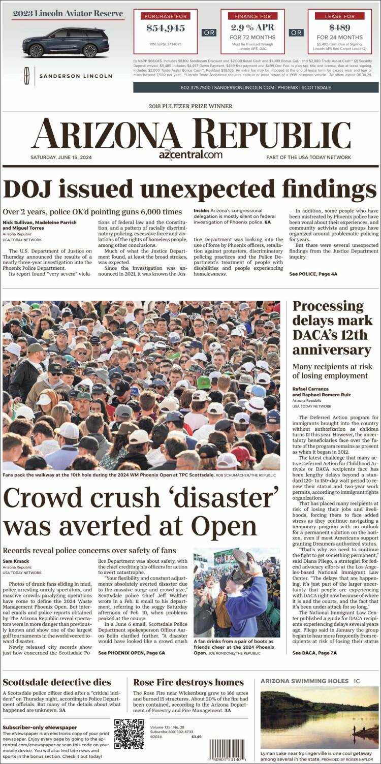 Portada de Arizona Republic News (USA)