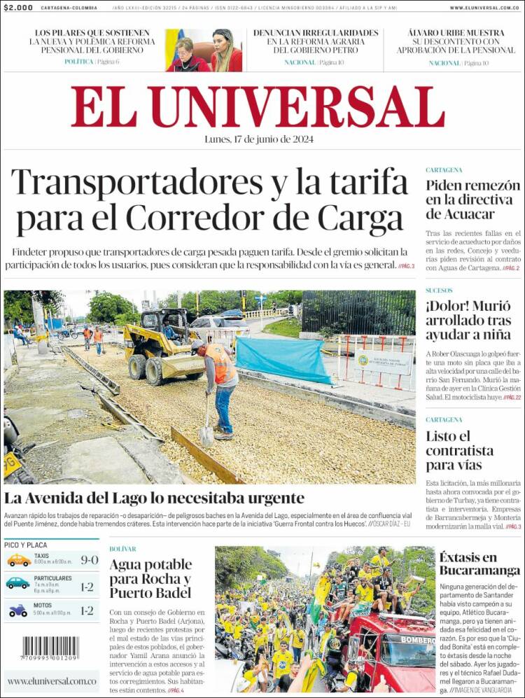 Portada de El Universal (Colombia)