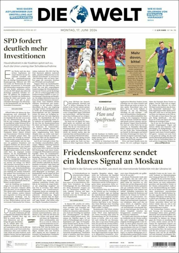 Portada de Die Welt (Alemania)
