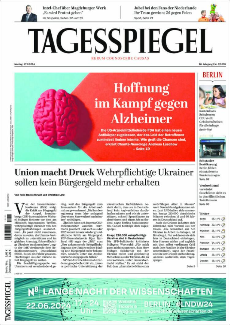 Portada de Der Tagesspiegel (Alemania)