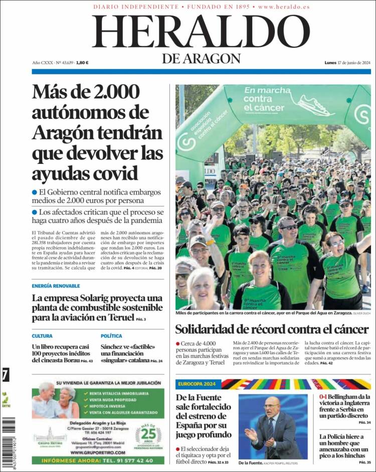 Portada de Heraldo de Aragón (España)