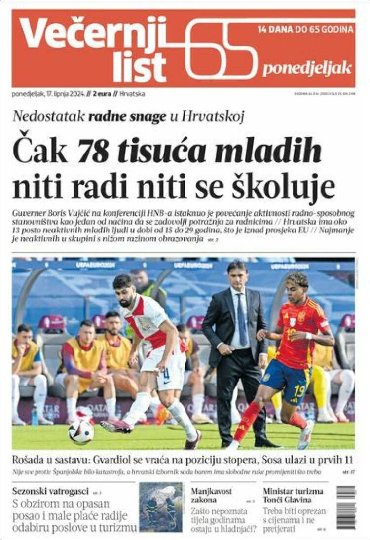 Portada de Večernji (Croacia)