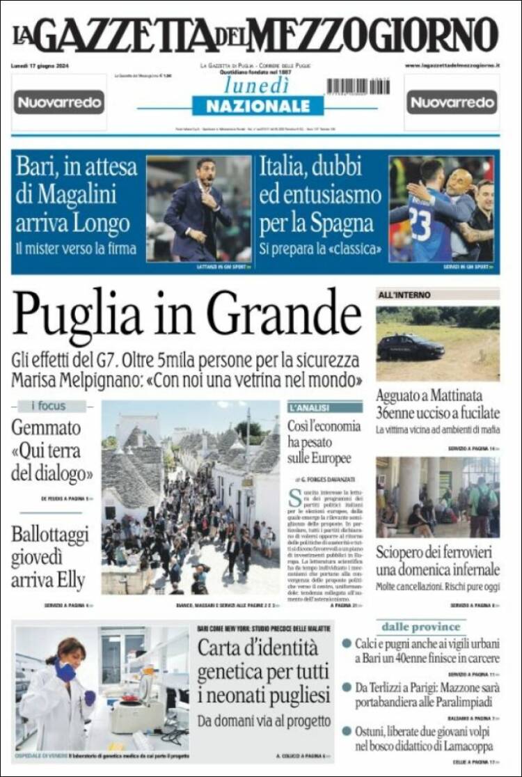 Portada de La Gazzetta del Mezzogiorno (Italia)